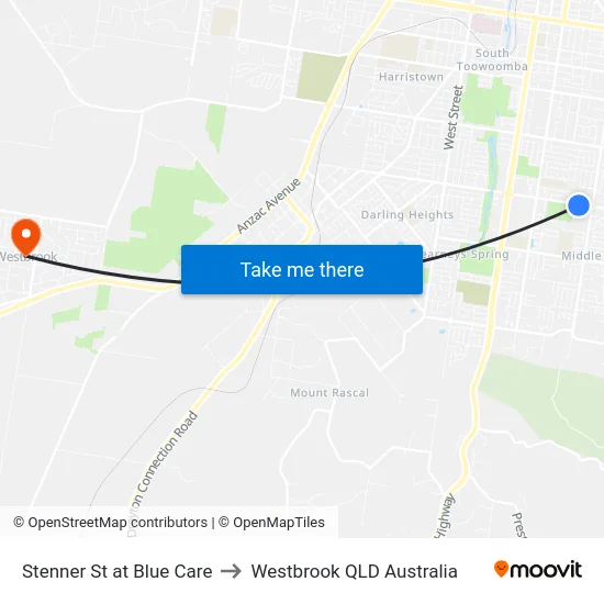 Stenner St at Blue Care to Westbrook QLD Australia map