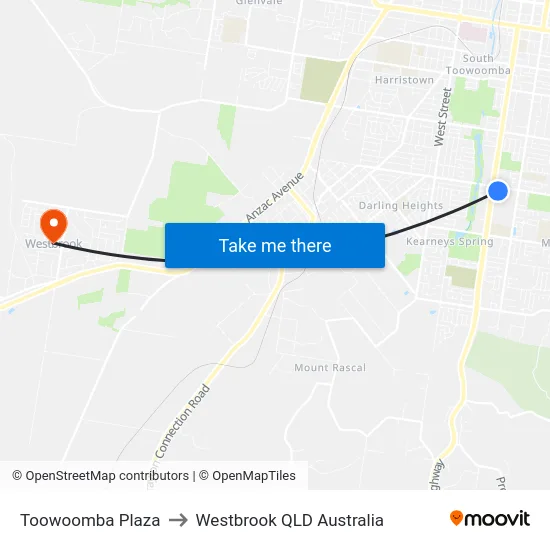Toowoomba Plaza to Westbrook QLD Australia map