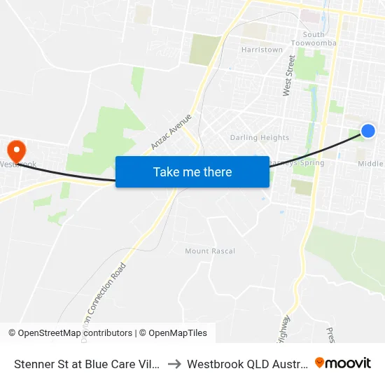 Stenner St at Blue Care Village to Westbrook QLD Australia map