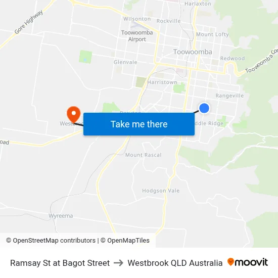 Ramsay St at Bagot Street to Westbrook QLD Australia map