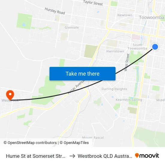 Hume St at Somerset Street to Westbrook QLD Australia map