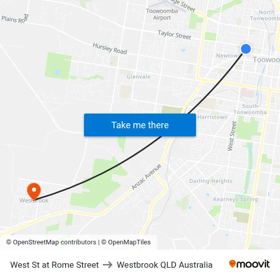 West St at Rome Street to Westbrook QLD Australia map