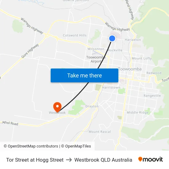 Tor Street at Hogg Street to Westbrook QLD Australia map