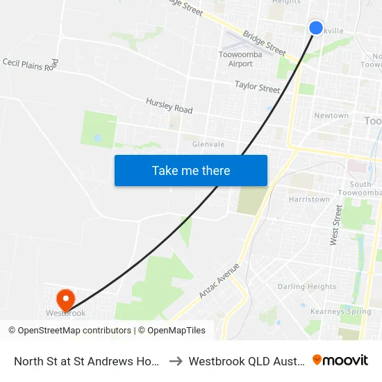 North St at St Andrews Hospital to Westbrook QLD Australia map