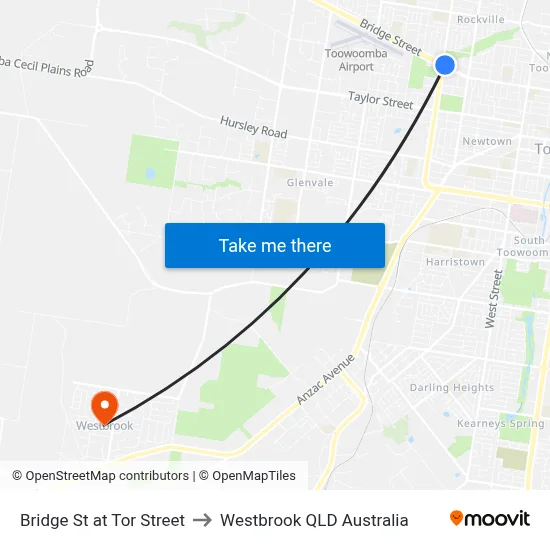 Bridge St at Tor Street to Westbrook QLD Australia map