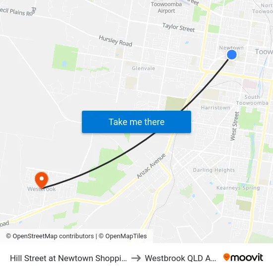 Hill Street at Newtown Shopping Centre to Westbrook QLD Australia map