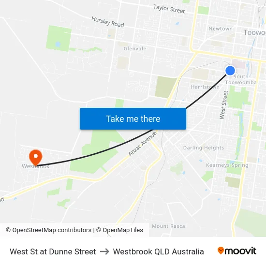 West St at Dunne Street to Westbrook QLD Australia map