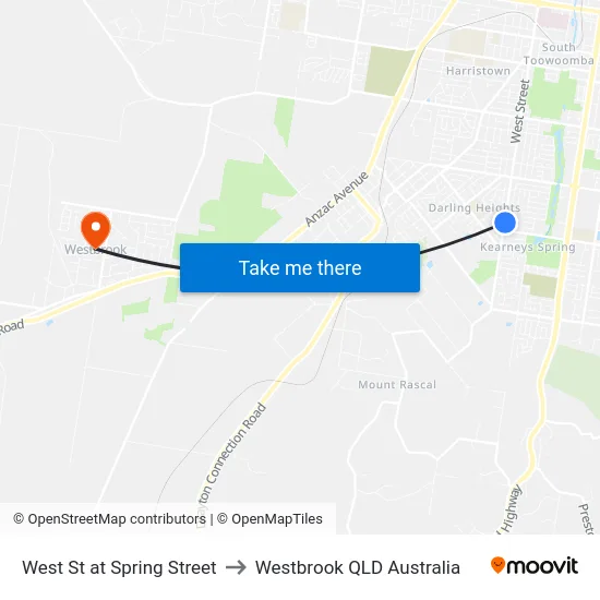 West St at Spring Street to Westbrook QLD Australia map