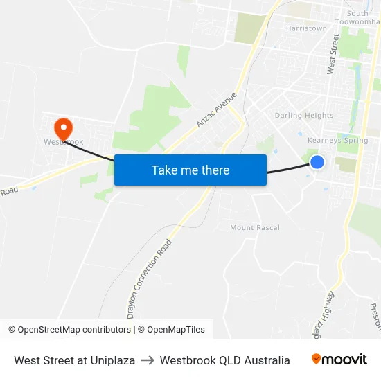 West Street at Uniplaza to Westbrook QLD Australia map
