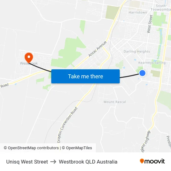 Unisq West Street to Westbrook QLD Australia map