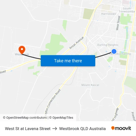 West St at Lavena Street to Westbrook QLD Australia map