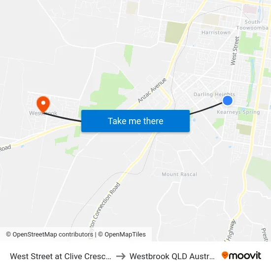 West Street at Clive Crescent to Westbrook QLD Australia map
