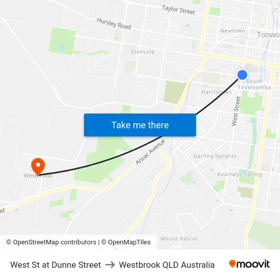 West St at Dunne Street to Westbrook QLD Australia map