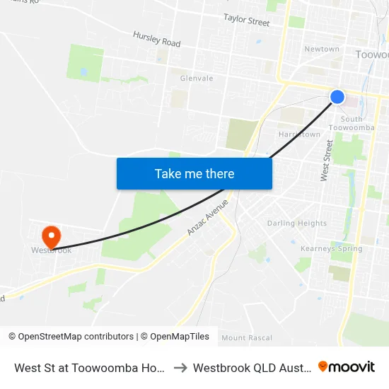 West St at Toowoomba Hospital to Westbrook QLD Australia map