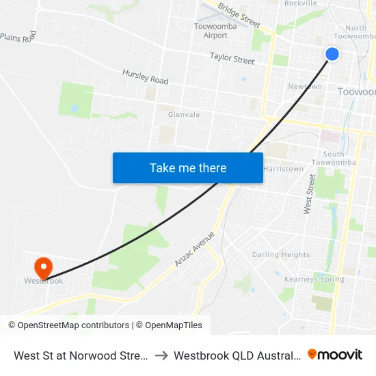 West St at Norwood Street to Westbrook QLD Australia map