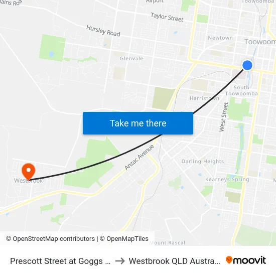 Prescott Street at Goggs St to Westbrook QLD Australia map