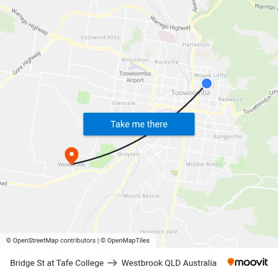 Bridge St at Tafe College to Westbrook QLD Australia map