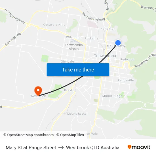 Mary St at Range Street to Westbrook QLD Australia map