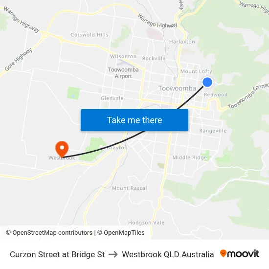 Curzon Street at Bridge St to Westbrook QLD Australia map