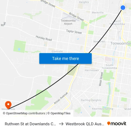 Ruthven St at Downlands College to Westbrook QLD Australia map