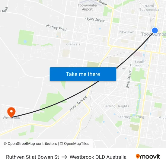 Ruthven St at Bowen St to Westbrook QLD Australia map