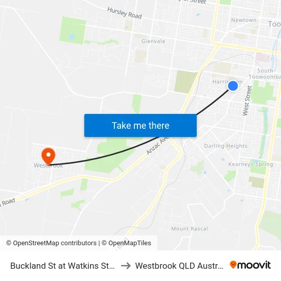 Buckland St at Watkins Street to Westbrook QLD Australia map