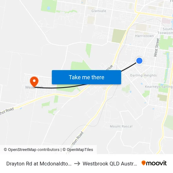 Drayton Rd at Mcdonaldtown to Westbrook QLD Australia map