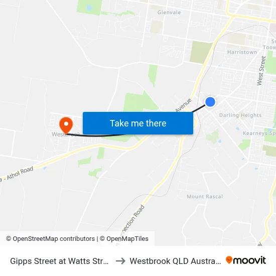 Gipps Street at Watts Street to Westbrook QLD Australia map