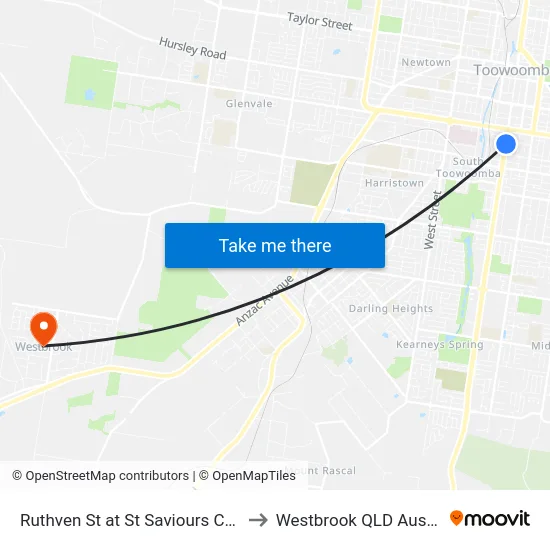 Ruthven St at St Saviours College to Westbrook QLD Australia map
