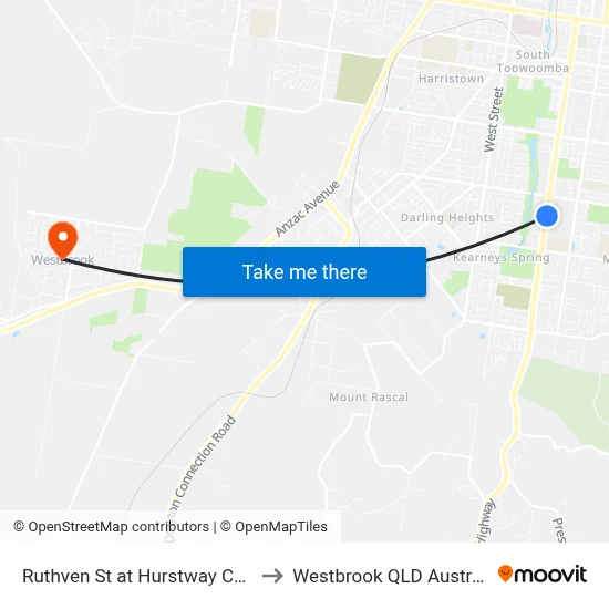 Ruthven St at Hurstway Court to Westbrook QLD Australia map