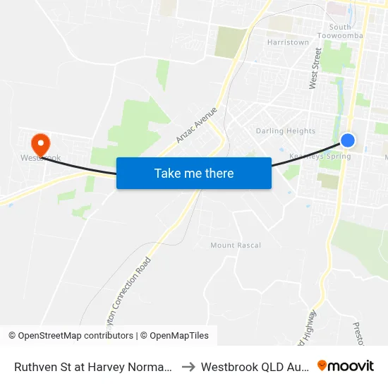 Ruthven St at Harvey Norman Centre to Westbrook QLD Australia map