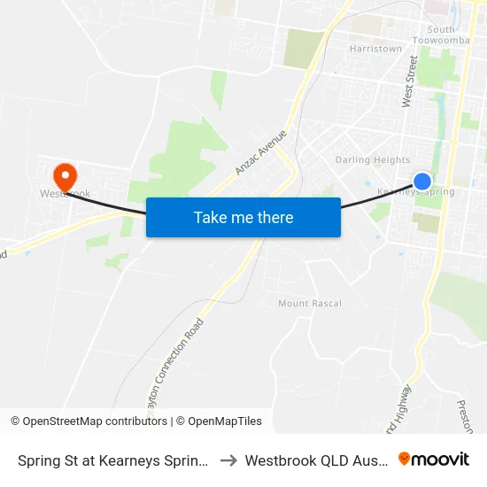 Spring St at Kearneys Spring Park to Westbrook QLD Australia map