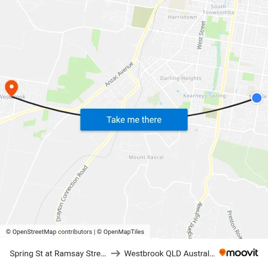 Spring St at Ramsay Street to Westbrook QLD Australia map