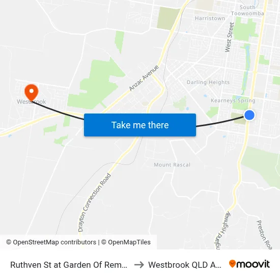 Ruthven St at Garden Of Remembrance to Westbrook QLD Australia map
