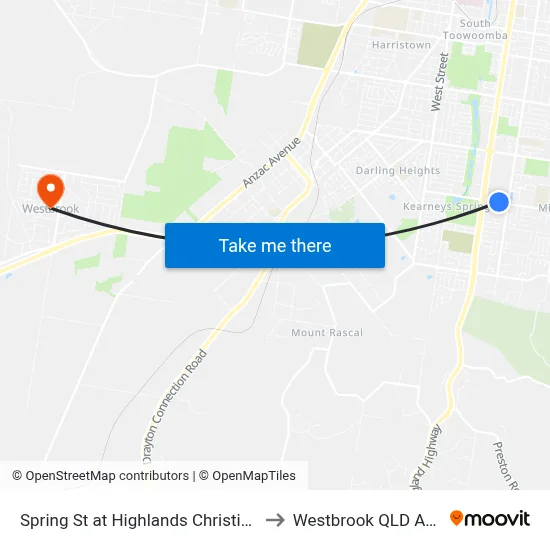 Spring St at Highlands Christian College to Westbrook QLD Australia map