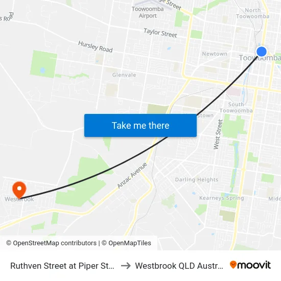 Ruthven Street at Piper Street to Westbrook QLD Australia map