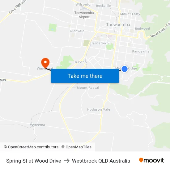 Spring St at Wood Drive to Westbrook QLD Australia map