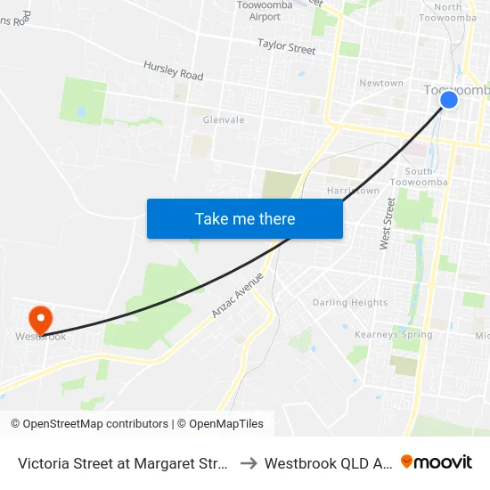 Victoria Street at Margaret Street (Stop A) to Westbrook QLD Australia map