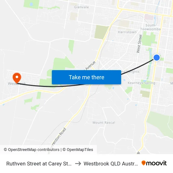 Ruthven Street at Carey Street to Westbrook QLD Australia map