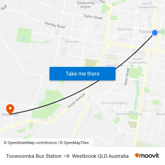 Toowoomba Bus Station to Westbrook QLD Australia map