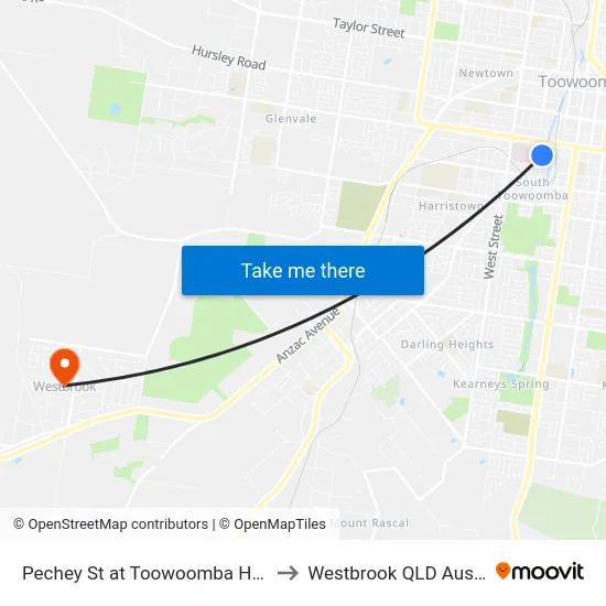 Pechey St at Toowoomba Hospital to Westbrook QLD Australia map