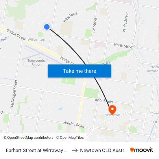 Earhart Street at Wirraway Drive to Newtown QLD Australia map