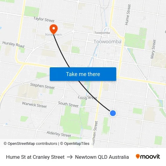 Hume St at Cranley Street to Newtown QLD Australia map