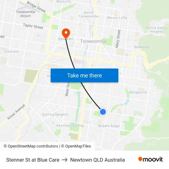 Stenner St at Blue Care to Newtown QLD Australia map