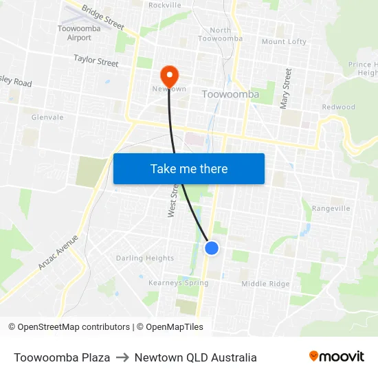 Toowoomba Plaza to Newtown QLD Australia map