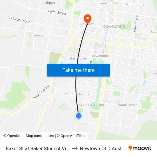 Baker St at Baker Student Village to Newtown QLD Australia map