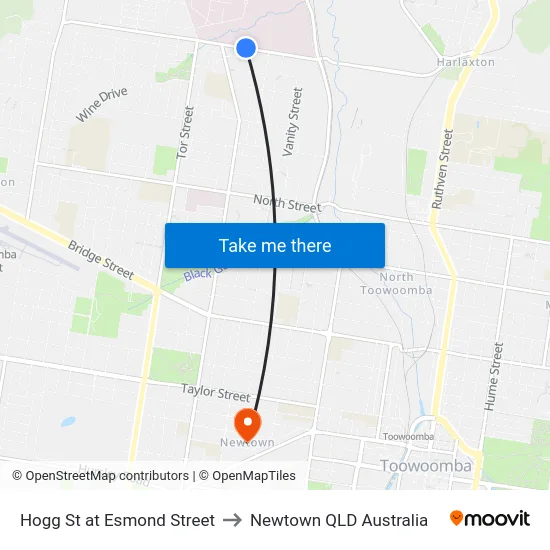 Hogg St at Esmond Street to Newtown QLD Australia map