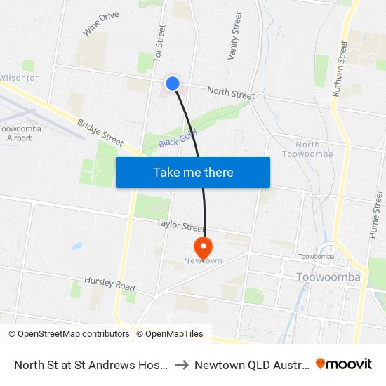 North St at St Andrews Hospital to Newtown QLD Australia map