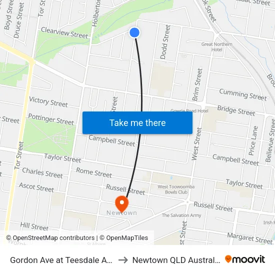 Gordon Ave at Teesdale Ave to Newtown QLD Australia map