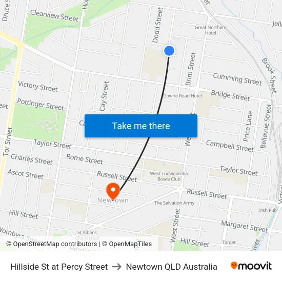 Hillside St at Percy Street to Newtown QLD Australia map